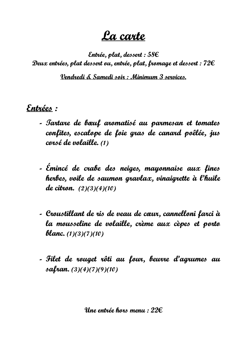 Carte des Plats